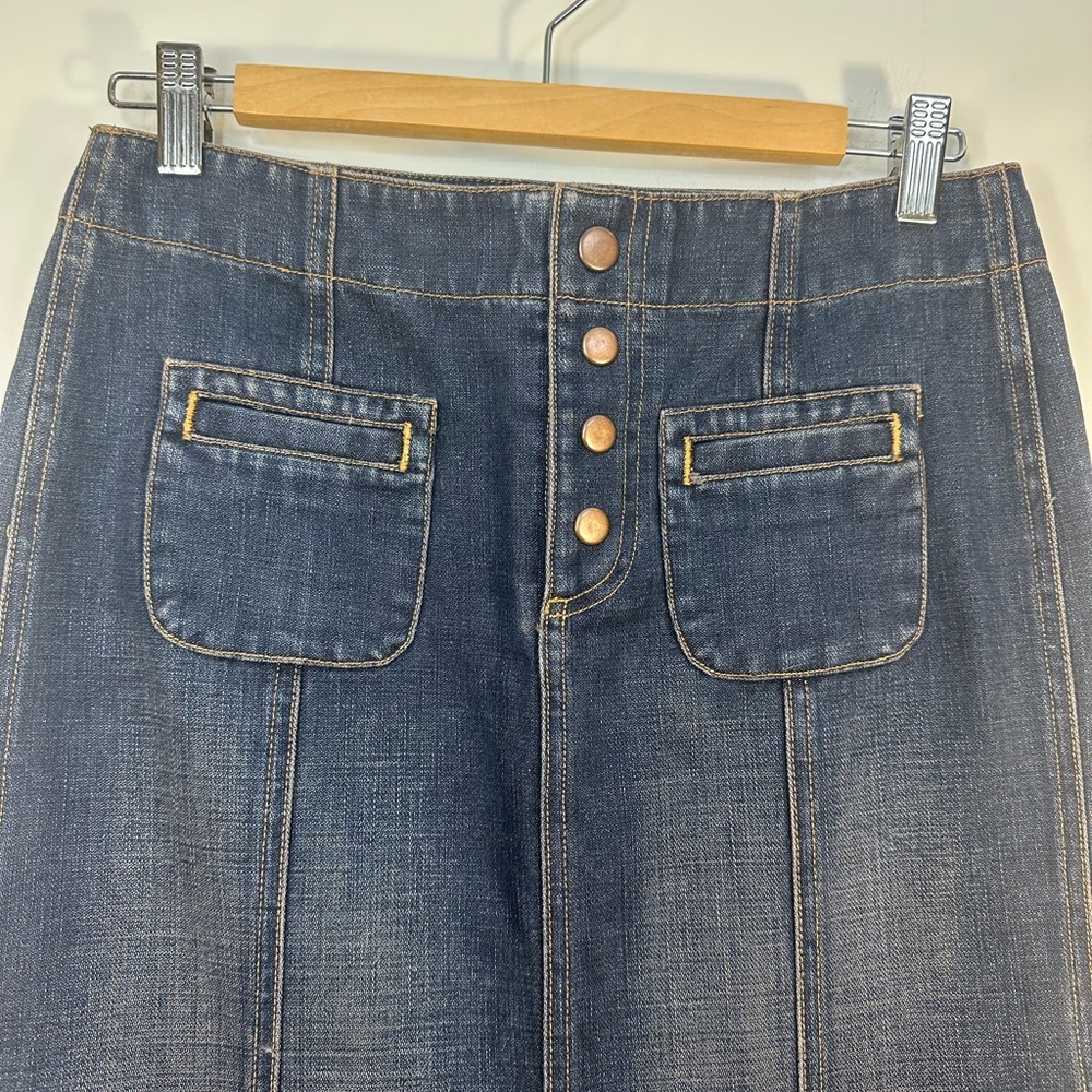 NWOT Vintage Gap Sz 4 Jean Denim Midi Skirt Button Fly Dark Wash Pockets Snaps - Picture 2 of 9